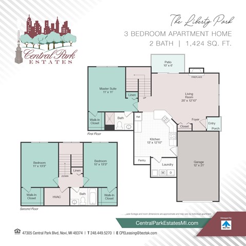 Floor plan for 3 beds, 2 baths, 1424 sqft